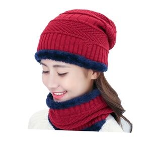 Elegant Red and Navy Blue Knit Beanie and Scarf Set, Faux Fur Lined cozy & warm